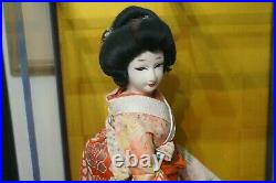 Vintage Japanese Geisha Doll in Glass & Wood Display Case, 16 Doll, 19 Case