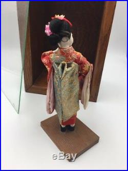 Vintage Japanese Geisha Doll in Silk Brocade Kimono with Glass & Oak Wood Case