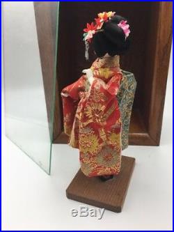 Vintage Japanese Geisha Doll in Silk Brocade Kimono with Glass & Oak Wood Case