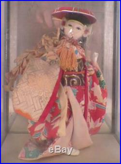 Vintage Japanese Geisha Girl Gofun Paste Silk Kimono in Wood Glass Case