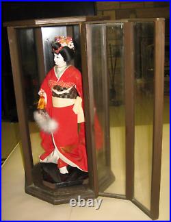 Vintage Japanese Geisha Wedding Doll Silk Brocade Kimono & Fan & Wood Glass Case