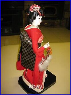 Vintage Japanese Geisha Wedding Doll Silk Brocade Kimono & Fan & Wood Glass Case