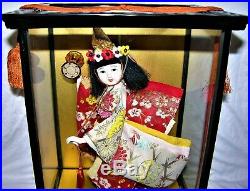 Vintage Japanese Gofun Geisha Doll in Wood/Glass Case Cabinet