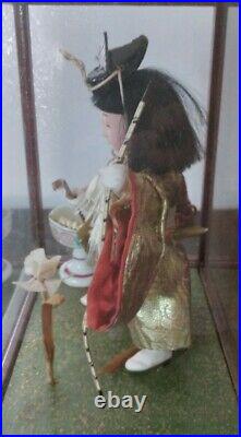 Vintage Japanese Kimono Samurai Doll With Weapons In Wood & Glass Case