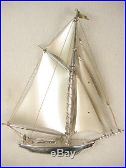 Vintage Japanese Sterling 960 Silver Sloop Sailboat In Wood Frame Glass Case