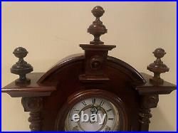 Vintage Korean Deco Wood Cased Glass Front Mantle Shelf Gong Chime Finial Clock