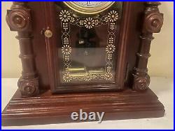 Vintage Korean Deco Wood Cased Glass Front Mantle Shelf Gong Chime Finial Clock