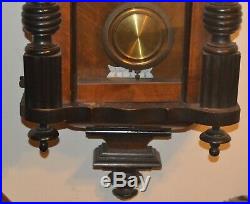 Vintage Large Hanging Wall Clock Double Key Wind Wood Case Glass Door
