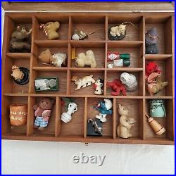 Vintage Lot Figurines in Wood Glass Case Steiff, Calico Critters, Holiday
