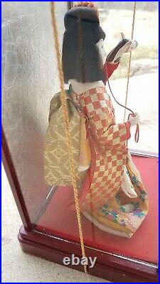 Vintage Midcentury Japanese Porcelain Doll Harugoma Dancer Wood Glass Box Case