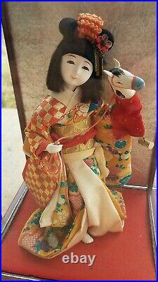 Vintage Midcentury Japanese Porcelain Doll Harugoma Dancer Wood Glass Box Case