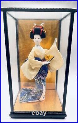 Vintage Porcelain Japanese Geisha Doll 11.5 Tall in Glass Wood Case
