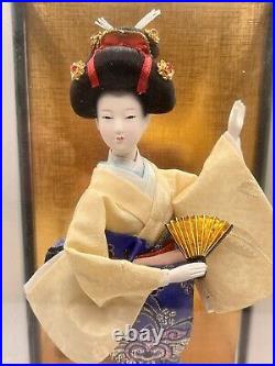 Vintage Porcelain Japanese Geisha Doll 11.5 Tall in Glass Wood Case