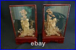 Vintage Set Of 2 Chinese Hand Carved Cork Sculptures Lacquered Wood Glass Cases
