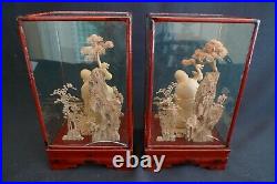 Vintage Set Of 2 Chinese Hand Carved Cork Sculptures Lacquered Wood Glass Cases