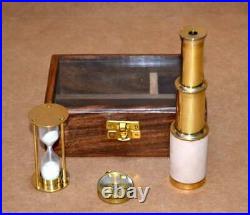 Vintage Style Brass 6 telescope, 3 sand timer and 1 locket compass Gift Item
