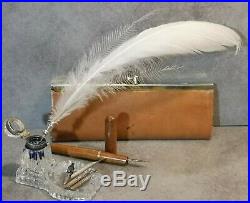 Vintage WOOD Fountain Pen, White GOOSE feather Pen, 5 Nibs, Glass Inkwell, Case