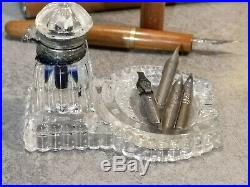 Vintage WOOD Fountain Pen, White GOOSE feather Pen, 5 Nibs, Glass Inkwell, Case