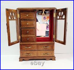 Vintage Wood Jewelry Box Chest Glass Door Mirror Drawers Red EXCELLENT CONDITION