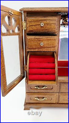 Vintage Wood Jewelry Box Chest Glass Door Mirror Drawers Red EXCELLENT CONDITION