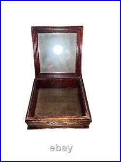 Vintage Wood Jewelry Box Trinket Floral Glass Hinged Lid Mirror Signed 1932