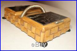 Vintage handmade wood sterling glass Folk Art smoking cigarette box case caddy