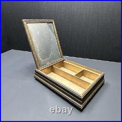 Vintage wooden jewelry box with mirror glass bottom with lined material
