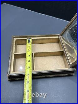 Vintage wooden jewelry box with mirror glass bottom with lined material