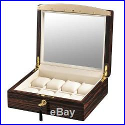 Volta High Gloss Ebony Wood Finish 8 Watch Box Storage Case Glass Top New