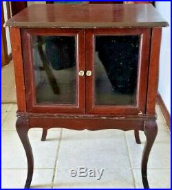 Vtg Antique Wooden Glass Framed 2 Door Trinket Cabinet On Legs 2' Tall