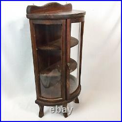 Vtg Curved Glass Dark Brown Wood Small Wall Tabletop Curio Display Case Footed