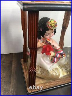 Vtg Hand Painted Cloth Face Asian Child Doll With Wood & Glass Case
