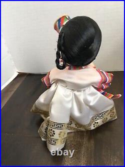 Vtg Hand Painted Cloth Face Asian Child Doll With Wood & Glass Case