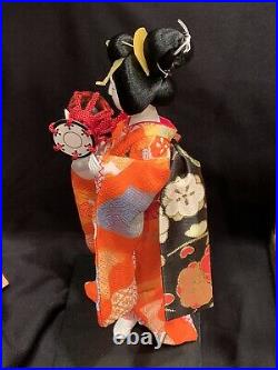 Vtg Japanese Geisha Doll Silk Kimono in a Wood Glass Case