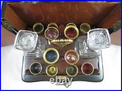 Vtg Marquetry Wood Folding Travel Bar 2 Decanters 12 Venetian Shot Glasses Key