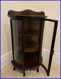 Vtg Small Wood Curio Curved Glass Dark Brown Wall Tabletop Display Case Footed