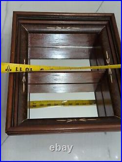 Vtg walnut wood tiger Wall Curio Display Case Cabinet shelf mirror frame inlay