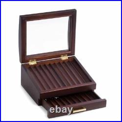 Walnut Wood 19 Pen Box With Glass Top, Drawer & Gold Accents