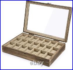 Watch Box Case Organizer Display For Men Women 21 Slot Wood Box With Glass Top New