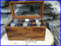 Watch Box Natural Wood 12 Slots Display Top Glass Case Lichtenberg Burned