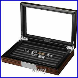 Wood Cufflink Box Glass Window Display Case Ring Organizer For Men Hold 36-46