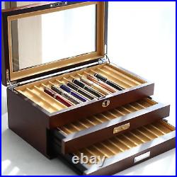 Wood Fountain Pen Display Case 3 Layer Glass Top 36 Slot with Drawers Ash Veneer