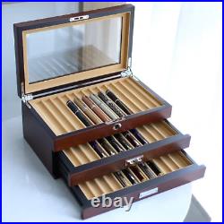 Wood Fountain Pen Display Case 3 Layer Glass Top 36 Slot with Drawers Ash Veneer