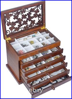 Wood Jewelry Box for Women, Real Wooden Jewelry Organizer Box with Leaf Patterns