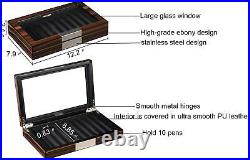 Wood Pen Display Box 10 Pen Organizer Box Glass Top Lid Case Storage Box Ebony