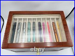 Wood Tone 40 Pen Locking Display Box With Glass Top 3 Drawers & Gold Accents