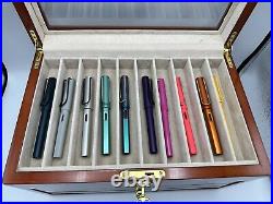 Wood Tone 40 Pen Locking Display Box With Glass Top 3 Drawers & Gold Accents