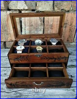 Wood Watch Box 12 Compartments Display Top Glass Case Lichtenberg Figure
