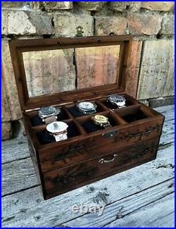 Wood Watch Box 12 Compartments Display Top Glass Case Lichtenberg Figure