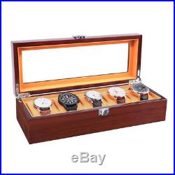 Wood Watch Box 5 Slot Storage Case Jewelry Watch Organizer Glass Display Box